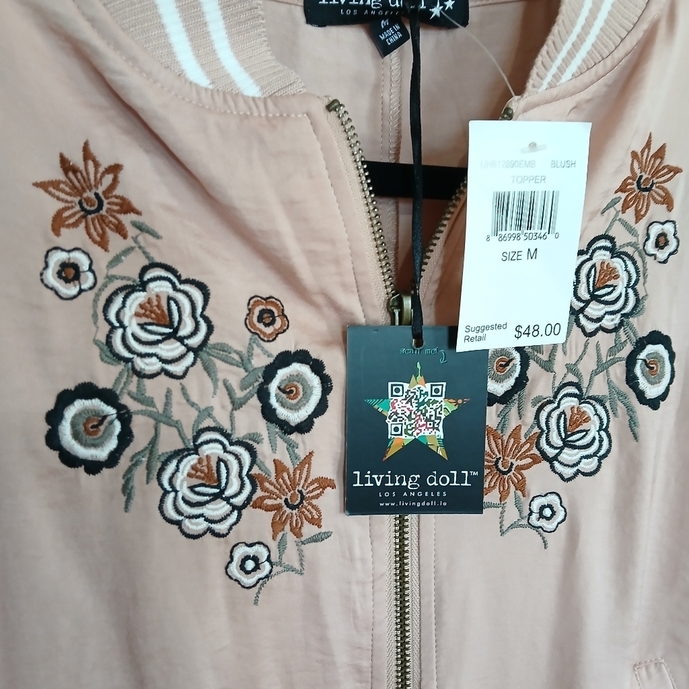 LIVING DOLL Pink Lightweight Bomber Jacket With‎ Floral Embroidery NWT size M - Picture 3 of 7